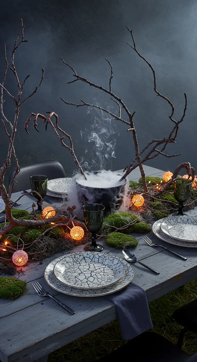 A Halloween-themed table with a smoking cauldron centerpiece, moss, and bare branches.