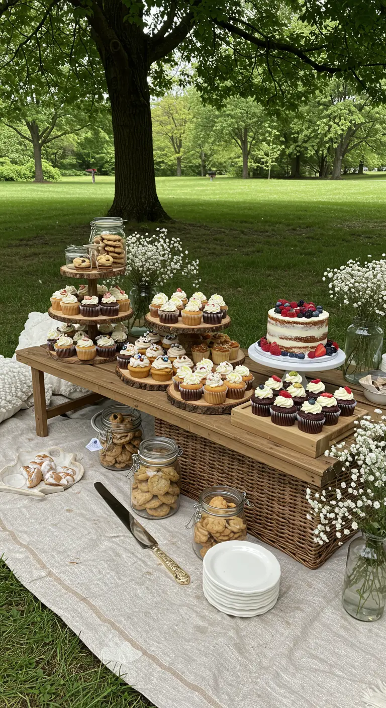 A dessert table with a berry cake and cupcakes displayed on tiered wooden log slices.