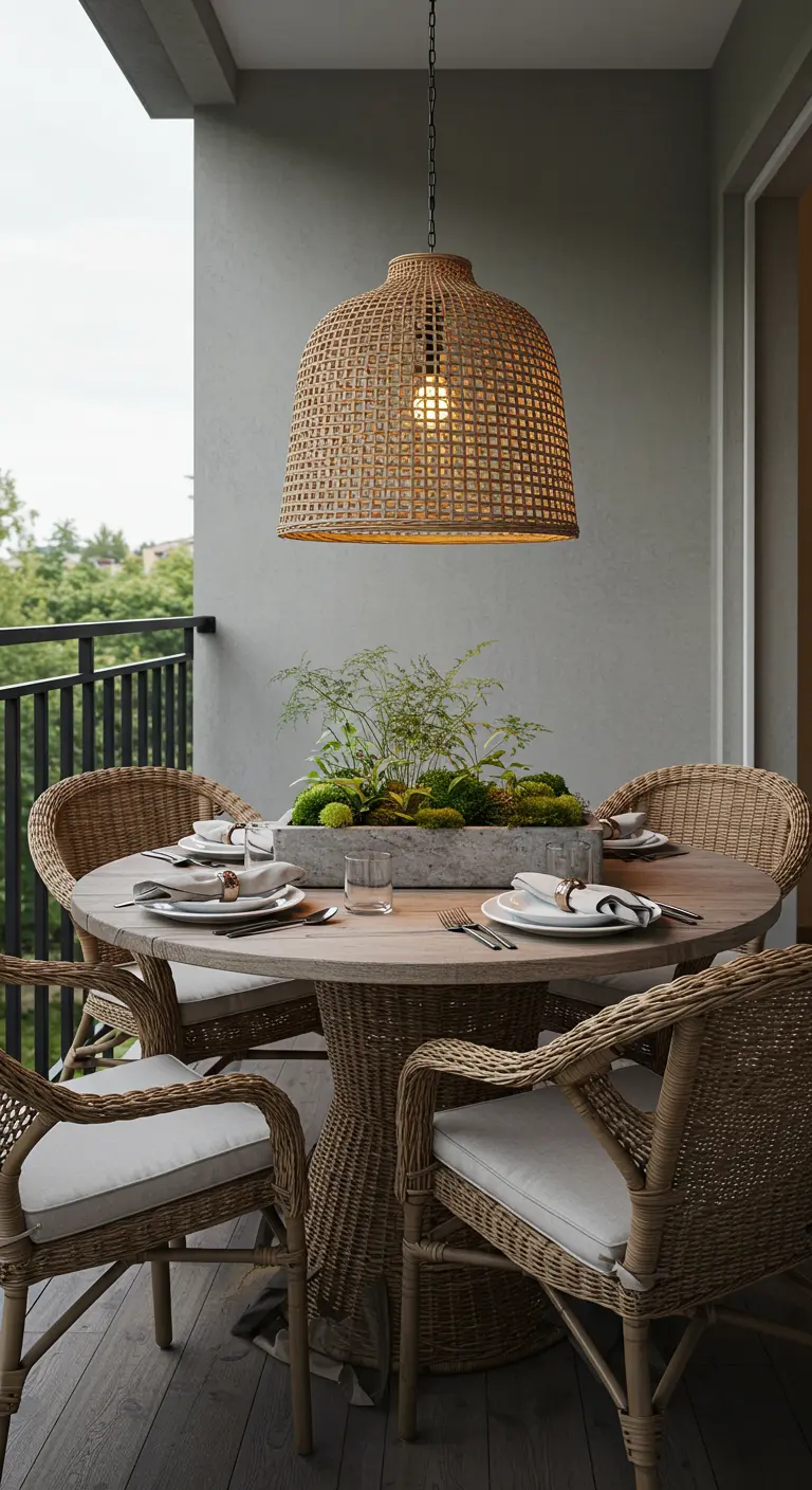 An outdoor dining set with wicker chairs under a large woven pendant light.
