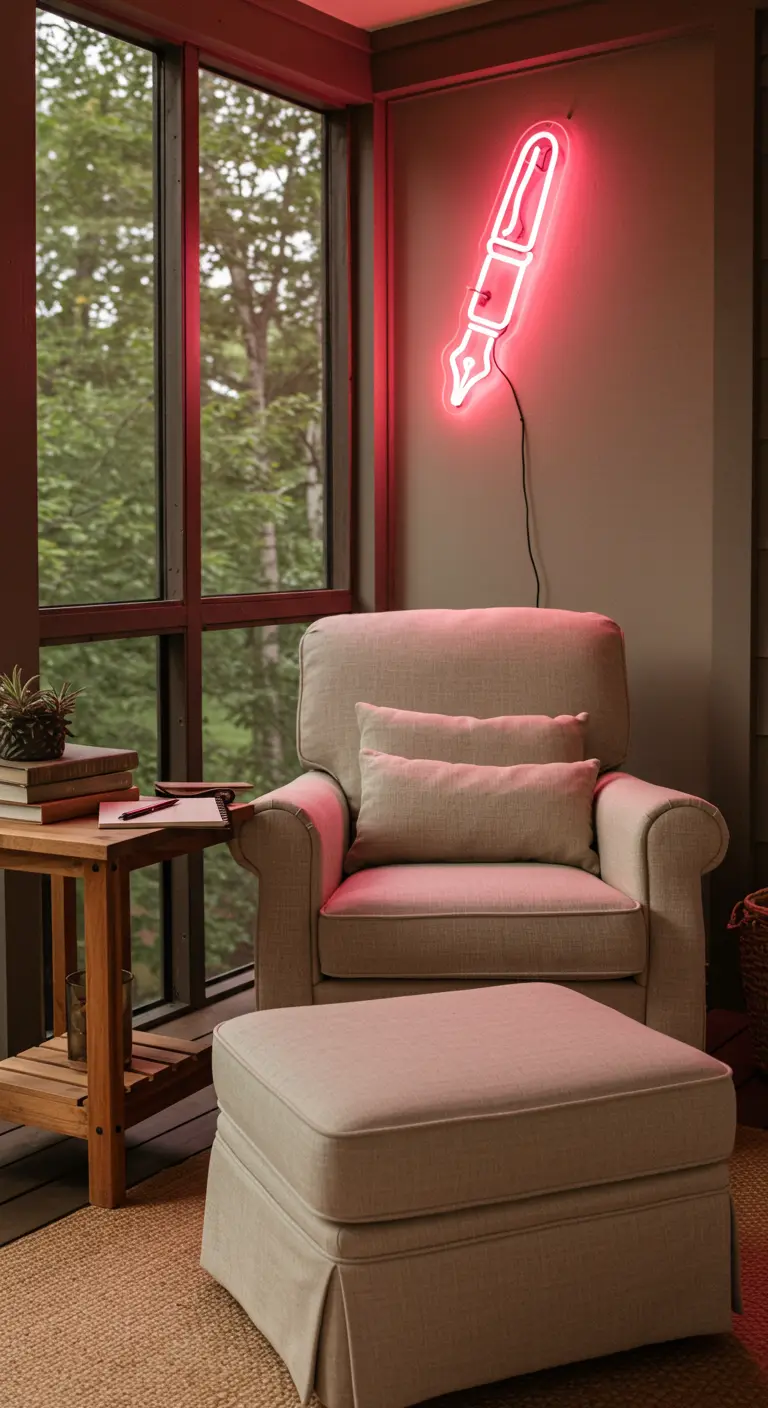 A cozy reading corner on a porch with an armchair and a neon sign shaped like a pen.