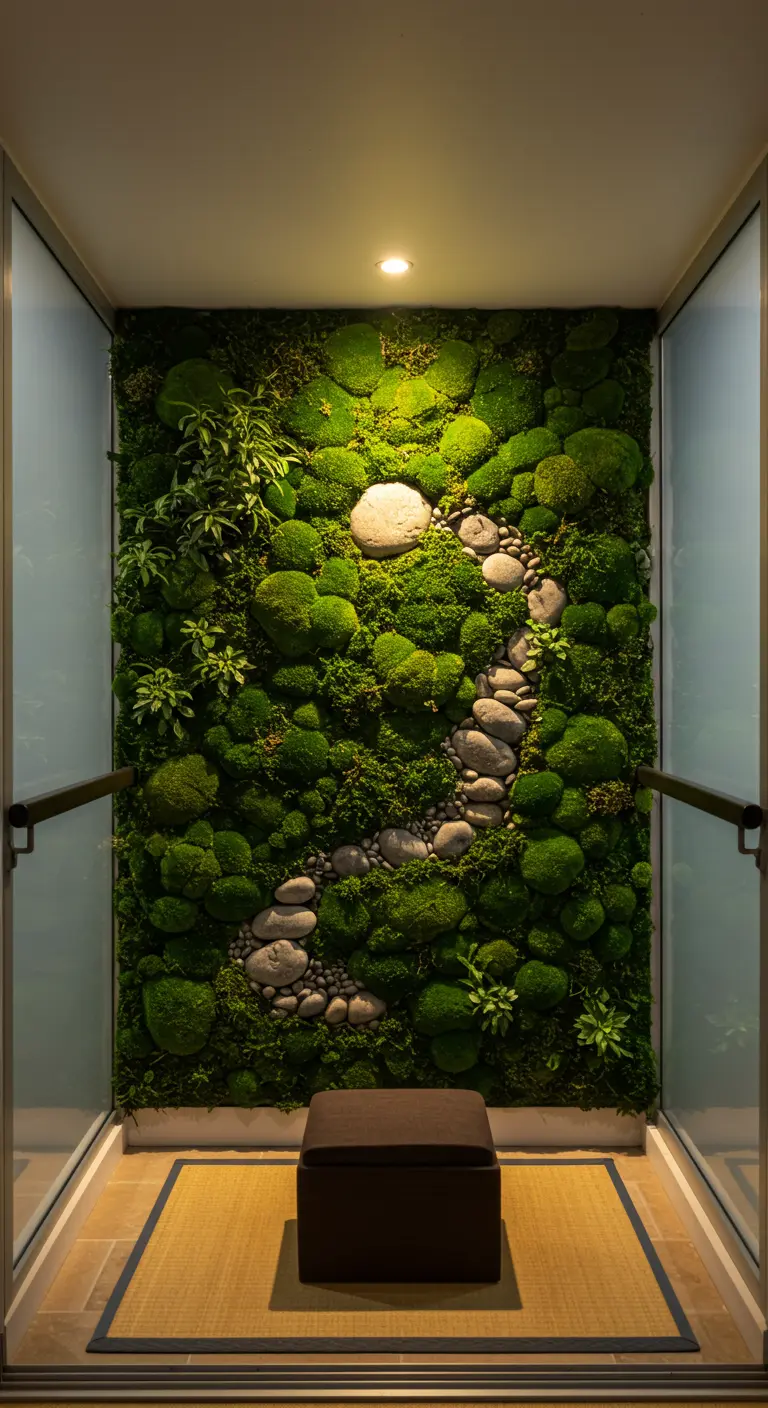 A vertical moss garden with a winding path of river stones, creating a Zen-like wall feature.