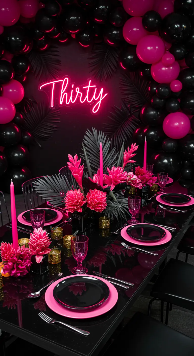 A dramatic 'Thirty' birthday party table with a black and hot pink theme.