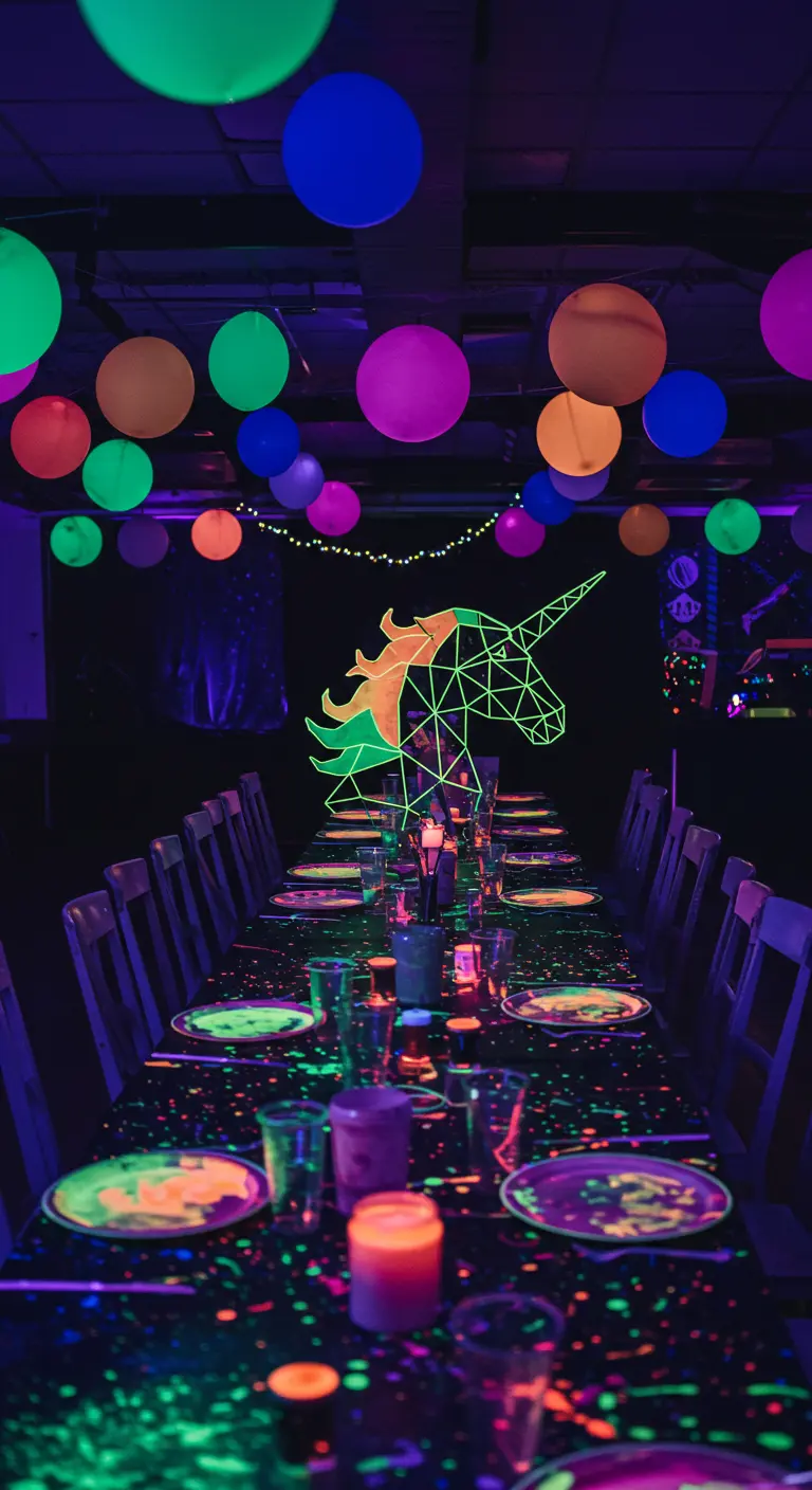 Neon blacklight unicorn party with glowing tableware and decor.