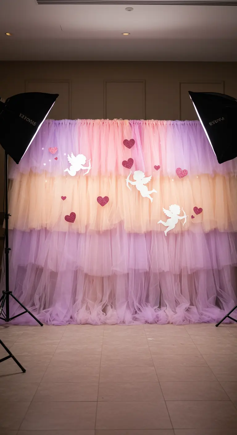 A photo backdrop made of layered pastel tulle with Cupid and heart cutouts.