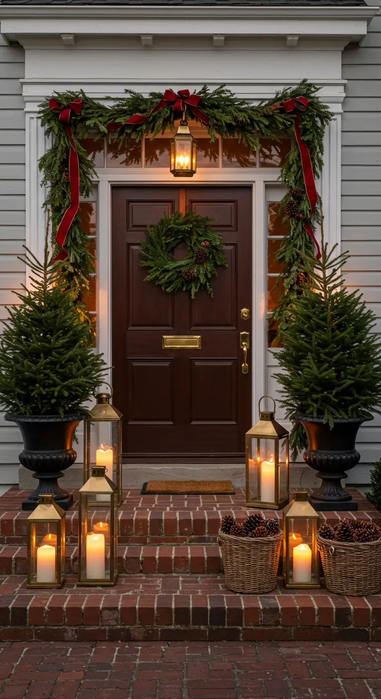 A classic brick entryway with a dark door, brass lanterns, and a garland with red velvet ribbons.