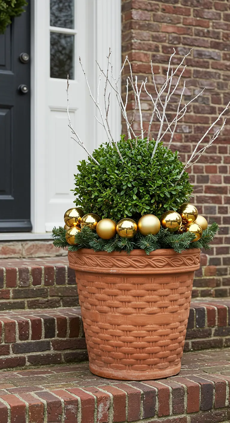 A terracotta pot with a boxwood topiary, pine sprigs, white branches, and gold baubles.