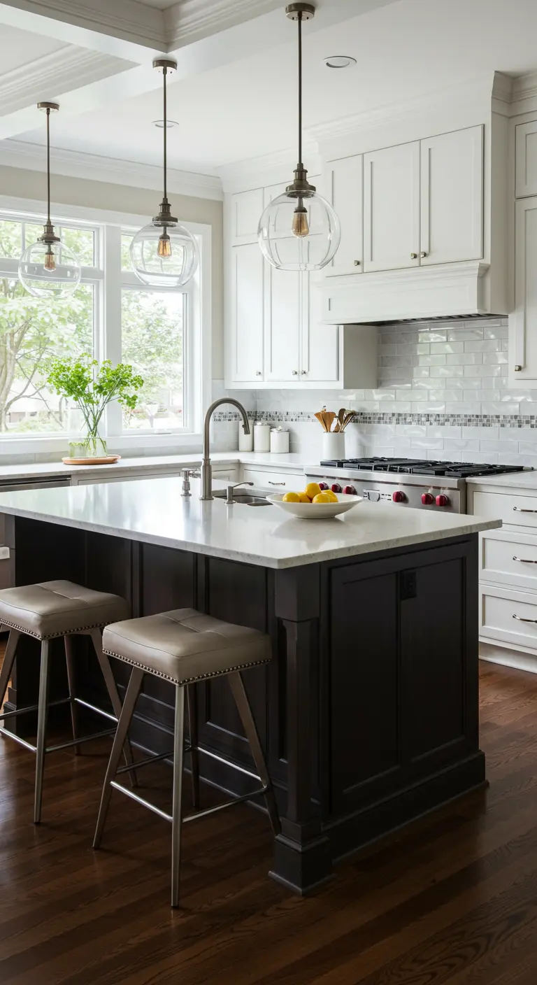 White kitchen with a dark wood island and dark brown tufted leather bar stools.