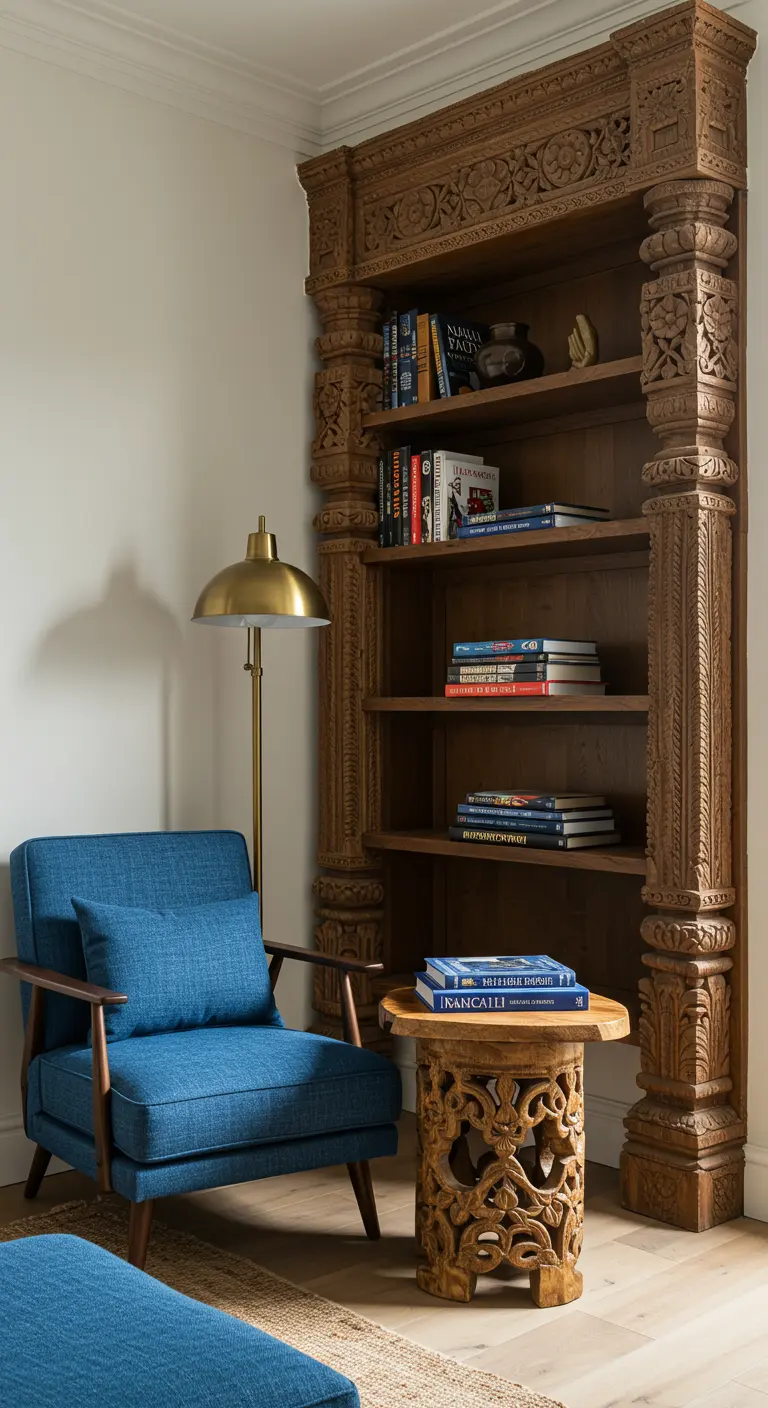 A reading nook with a massive, ornately carved wooden bookshelf and a blue armchair.