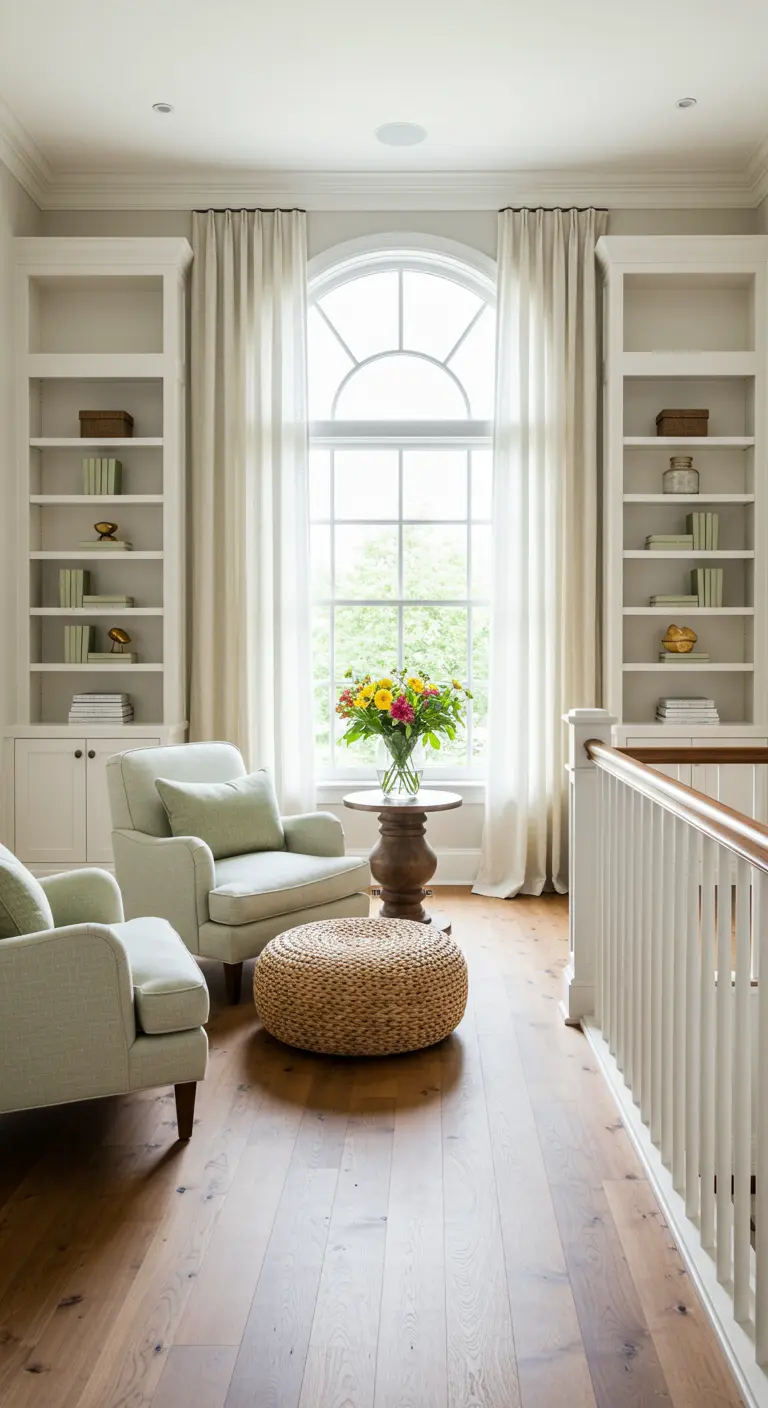 A landing space between floors converted into a reading nook with built-in shelves.