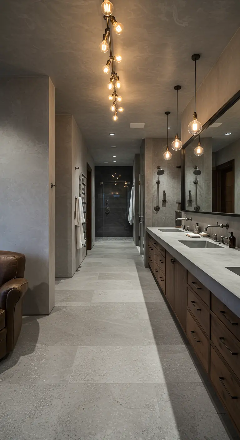 Spacious industrial bathroom featuring a leather chair and a long vanity.