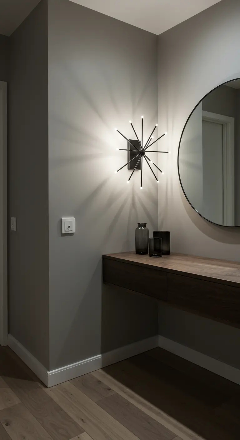 Entryway corner with a starburst wall sconce, a round mirror, and a floating wood console.