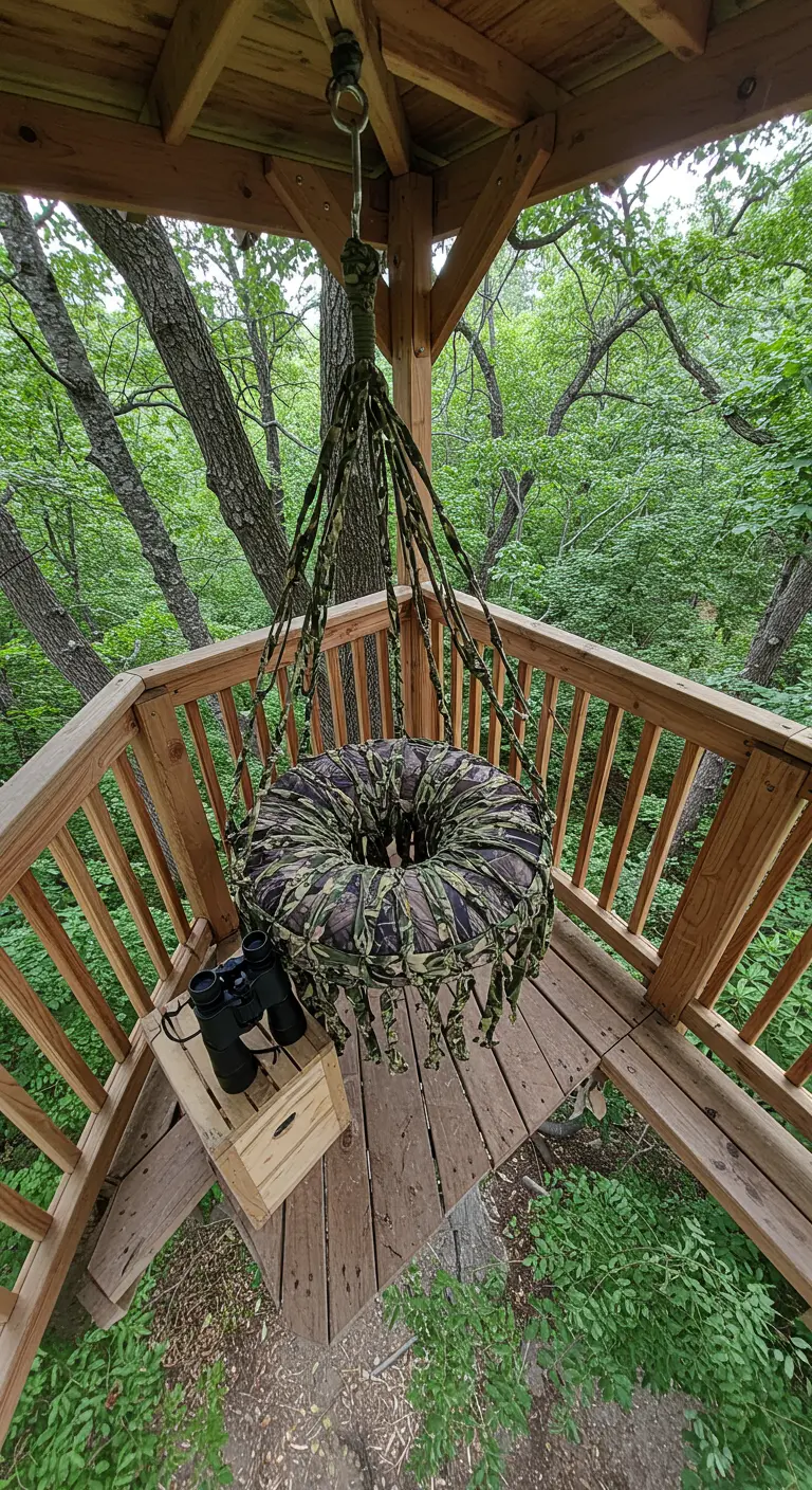 Camouflage-wrapped tire swing in a rustic wooden treehouse.