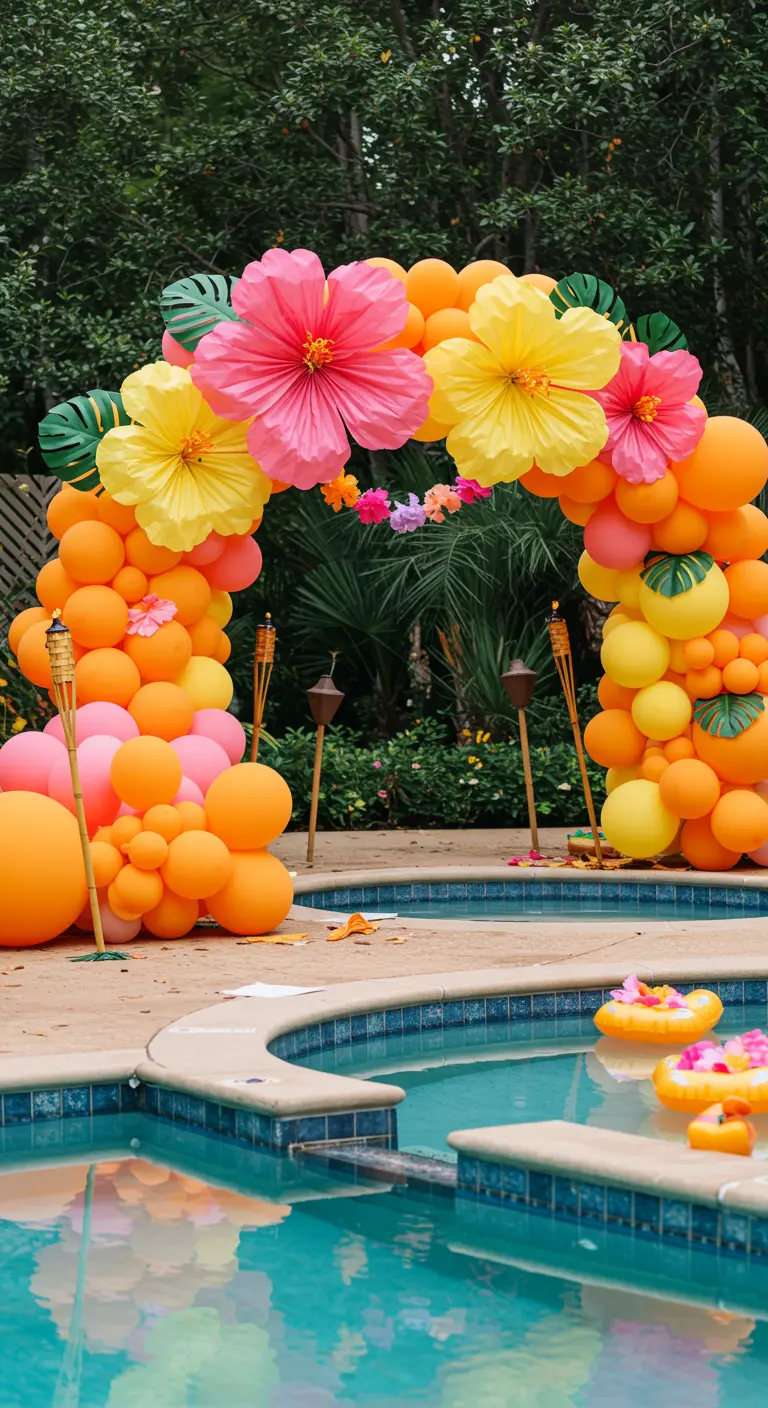 A poolside balloon arch in orange and pink decorated with large handmade paper hibiscus flowers.