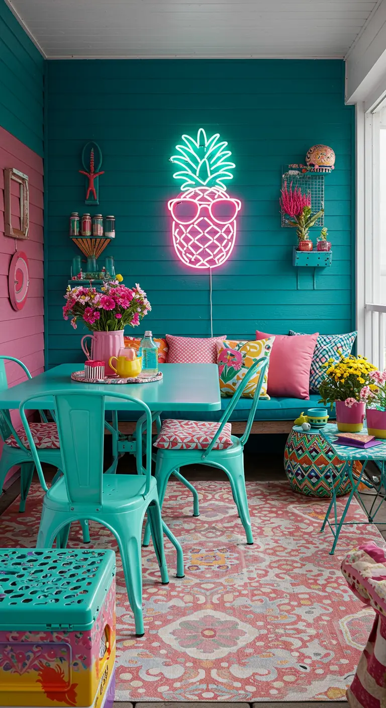 A vibrant teal and pink balcony with a neon pineapple sign and colorful furniture.