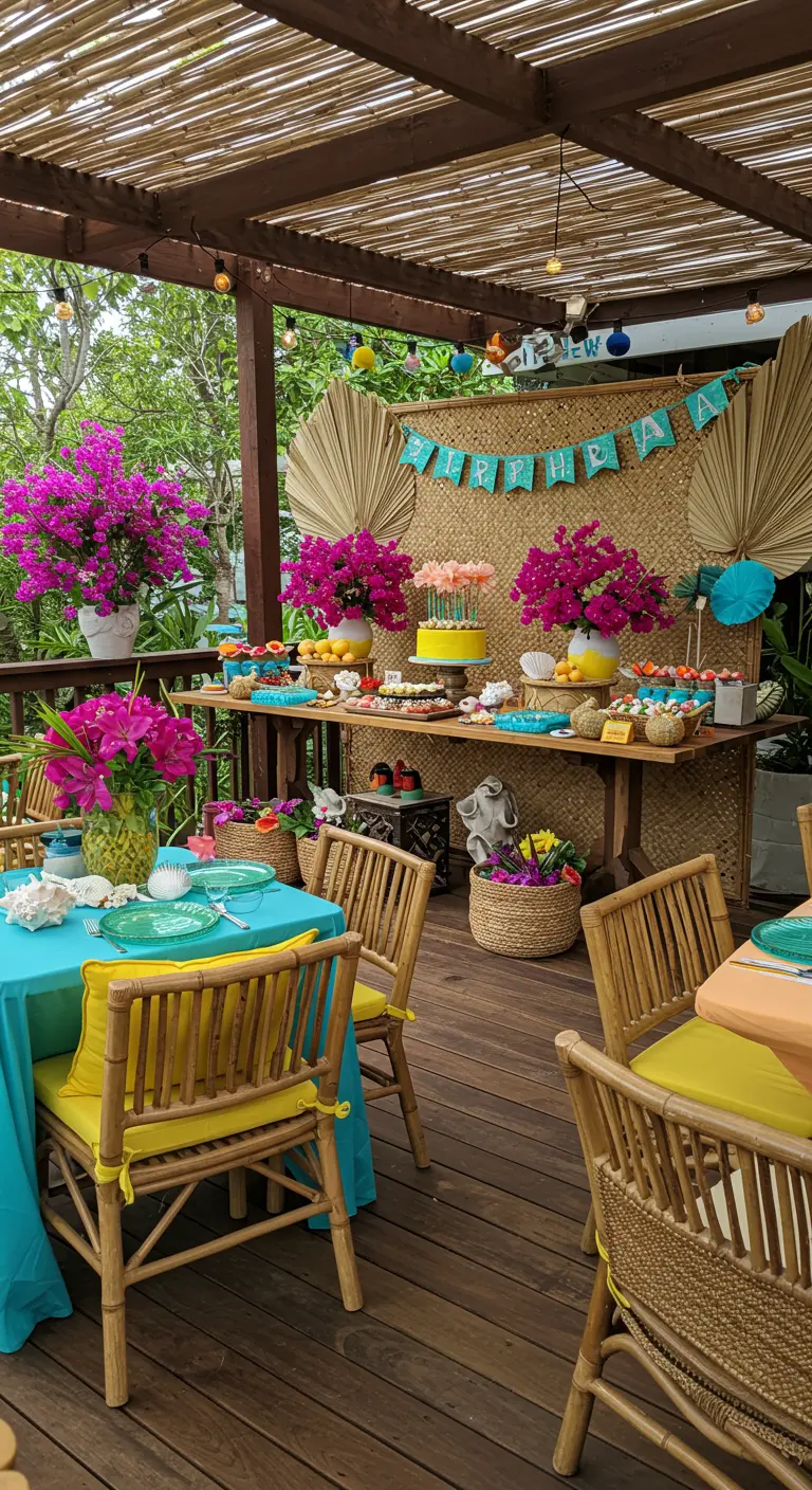 Colorful beach party dessert table with turquoise, pink, and bamboo accents.