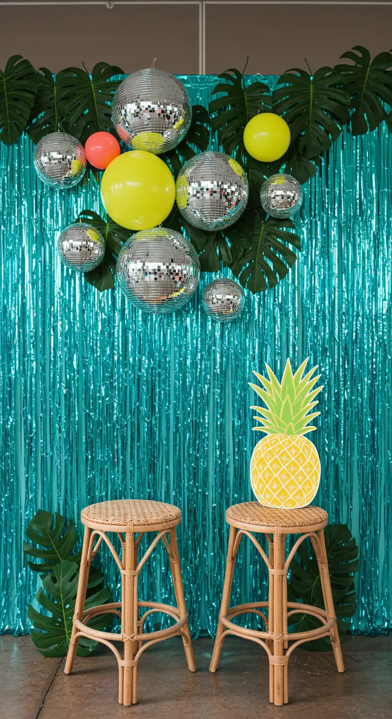 A tropical-themed setup with a teal fringe backdrop, disco balls, and a large pineapple cutout.