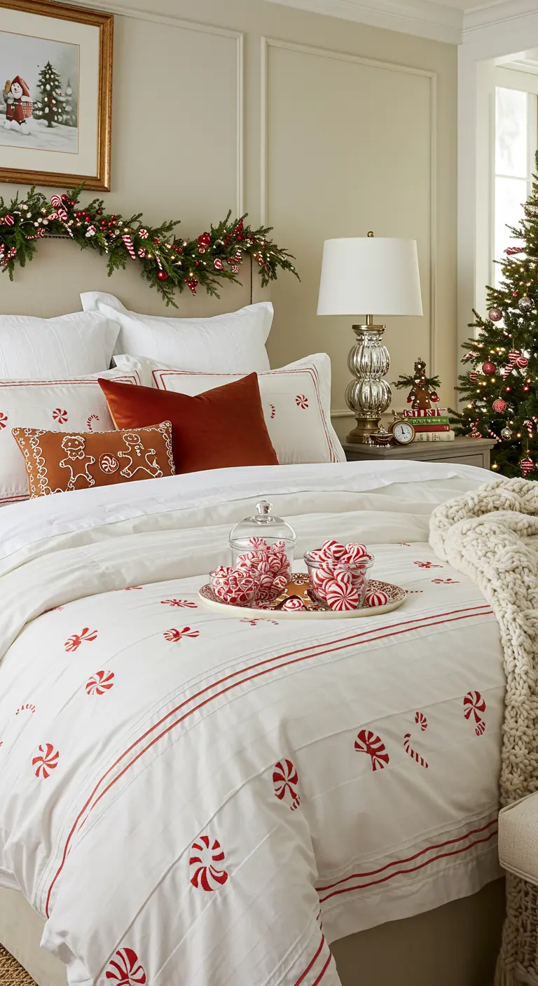 Bedroom decorated for Christmas with candy cane print bedding and a gingerbread pillow.