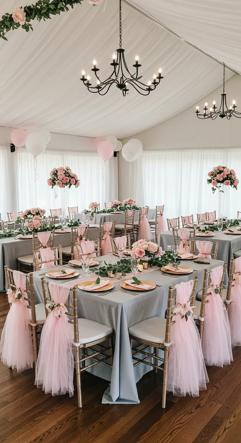 Party tables with gold chairs decorated with pink tulle sashes and flowers.