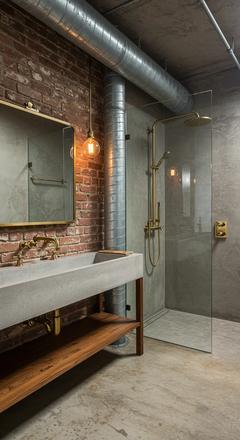 Industrial bathroom with exposed brass shower fixtures and a concrete sink.
