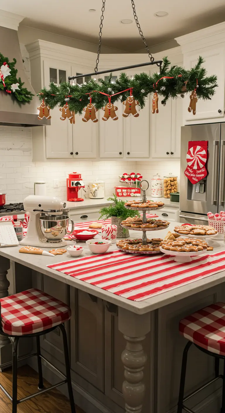 Kitchen island set up as a cookie decorating station with hanging gingerbread ornaments.