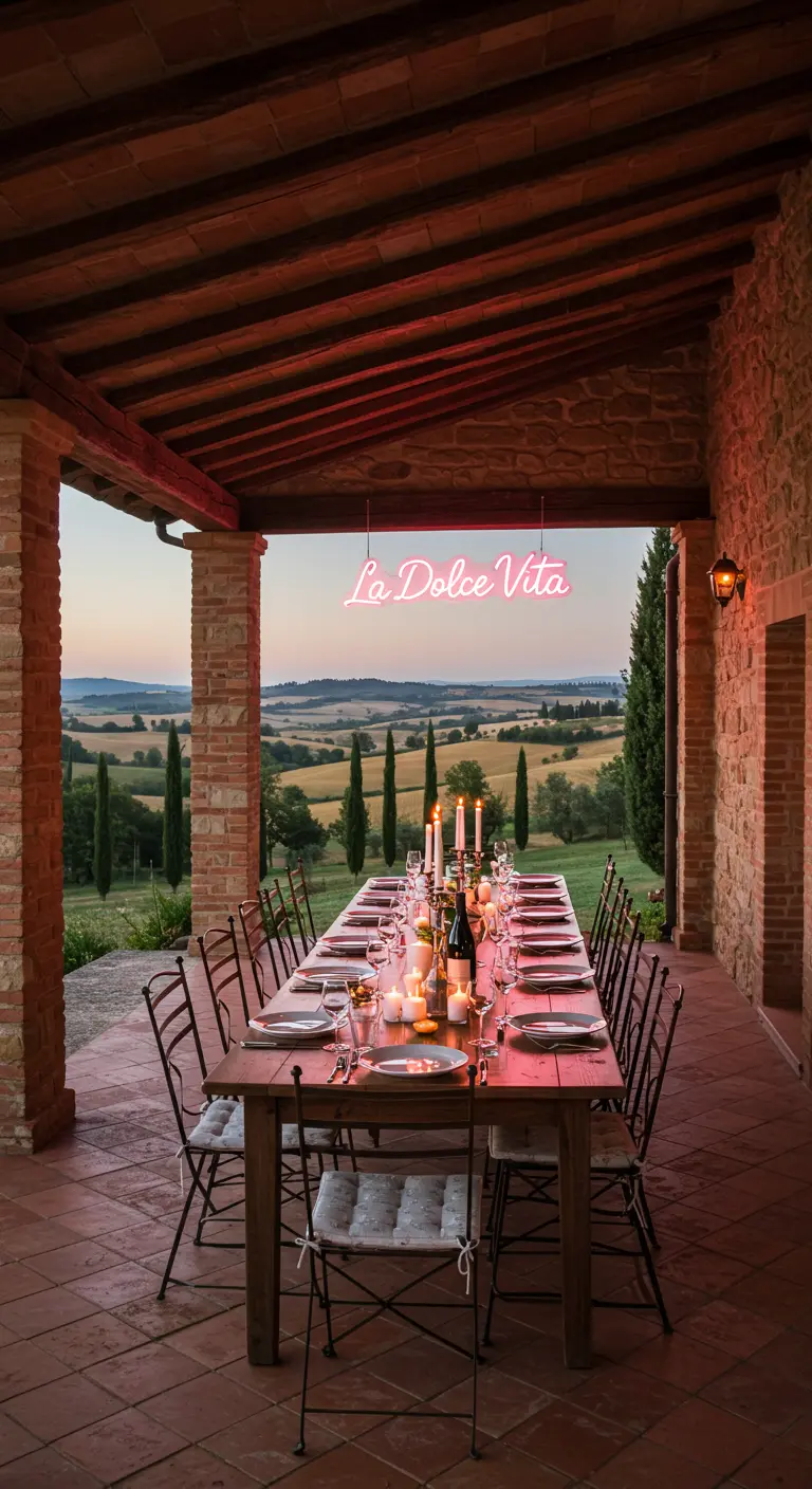 A long dining table on a Tuscan veranda with a neon sign saying 'La Dolce Vita'.