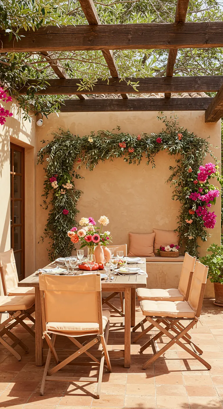 Terrace dining area under a pergola, framed by a lush bougainvillea and rose garland.