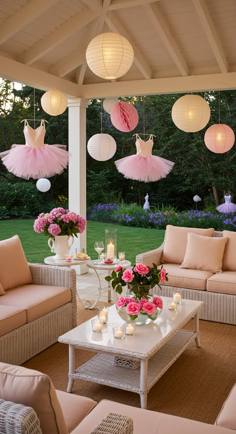 An outdoor patio decorated with hanging paper lanterns and miniature pink tutus.