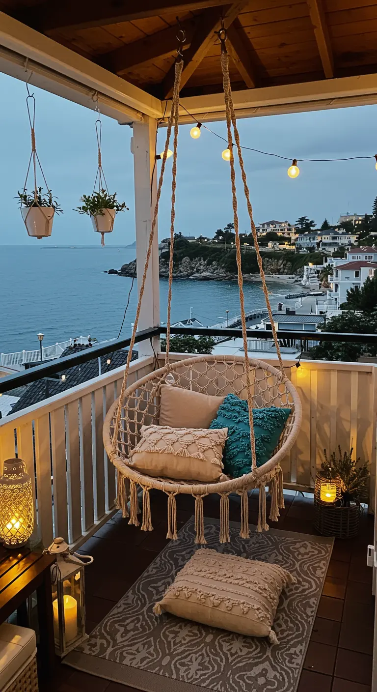 A macrame swing chair on a small balcony with string lights overlooking a bay at dusk.