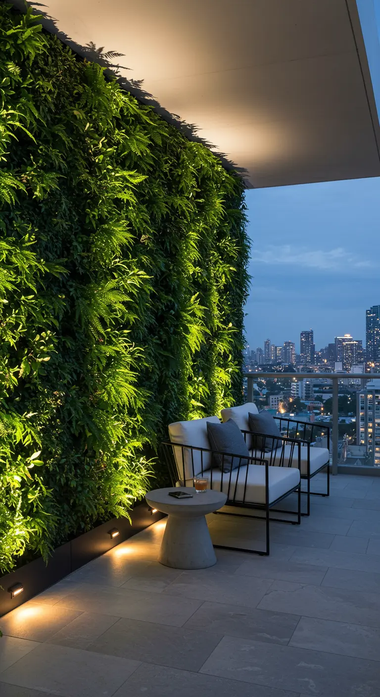 A modern city balcony at dusk with a lush fern wall illuminated by warm ground-level spotlights.