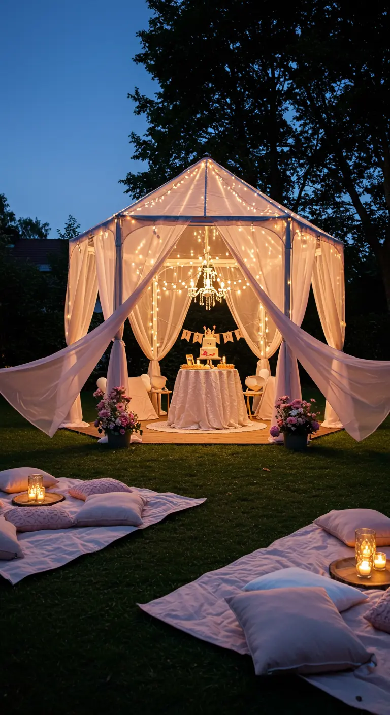 A garden gazebo decorated with white drapes and fairy lights for an evening party.