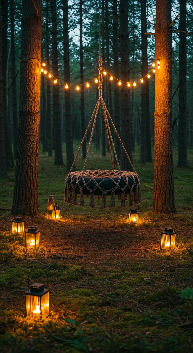 Macramé tire swing in a forest at dusk with lanterns and string lights.