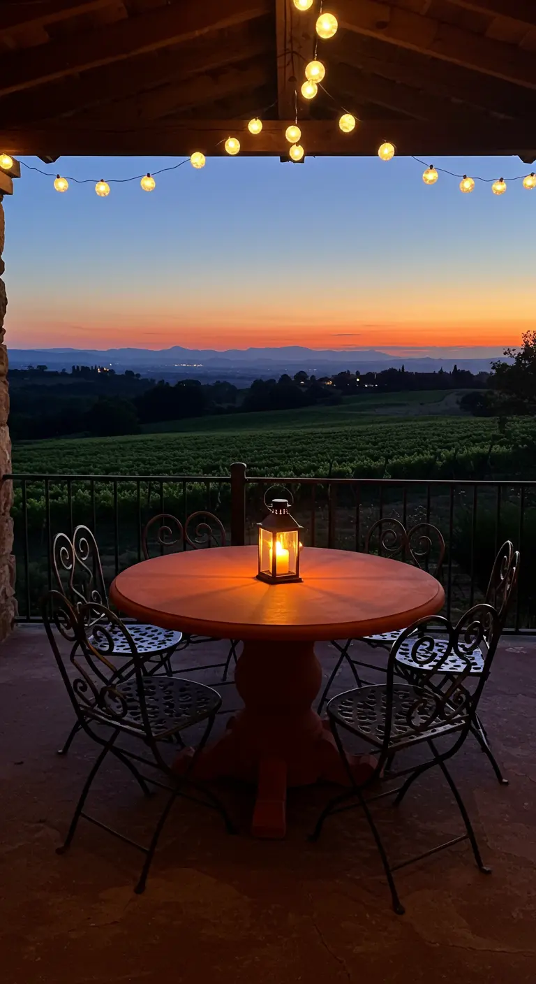 Round terra cotta table with a candle lantern on a balcony at twilight.