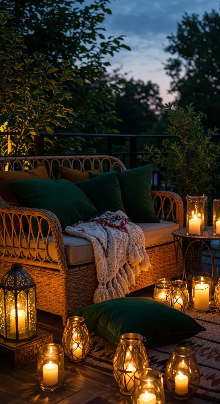 Rattan sofa on a balcony at night, illuminated by many candles in glass lanterns.