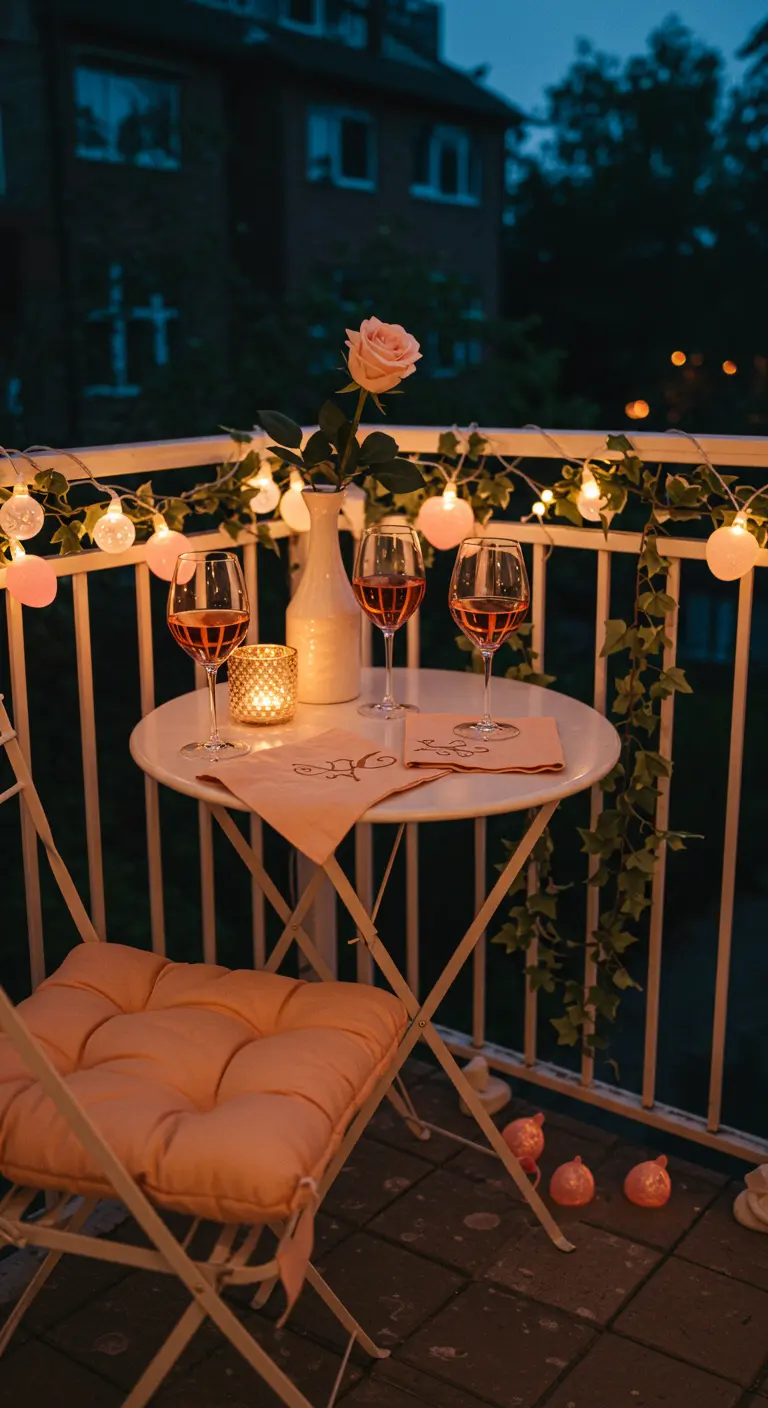 A romantic balcony setup for two with rosé wine, string lights, and a single pink rose.