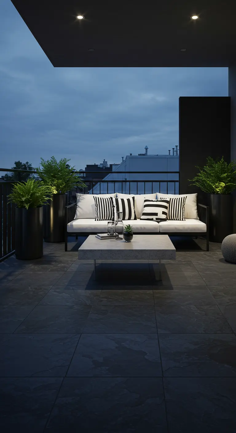 Minimalist balcony at dusk with a black sofa and concrete table.