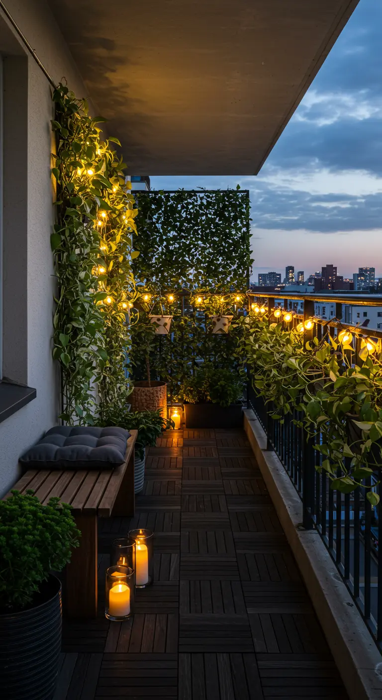 Narrow balcony at night with string lights in ivy and glowing candles.