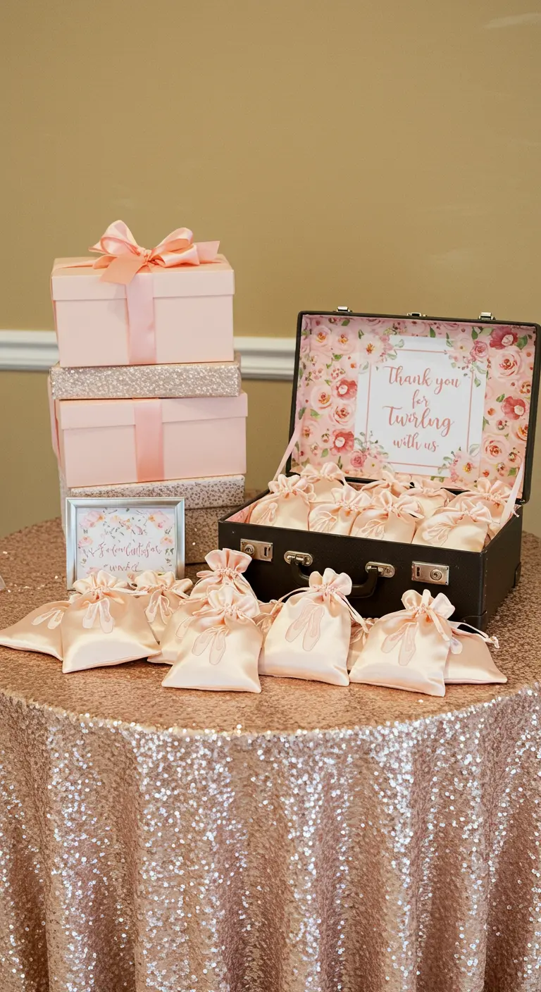 A party favor table with a sequin tablecloth, pink gift boxes, and a suitcase of satin pouches.