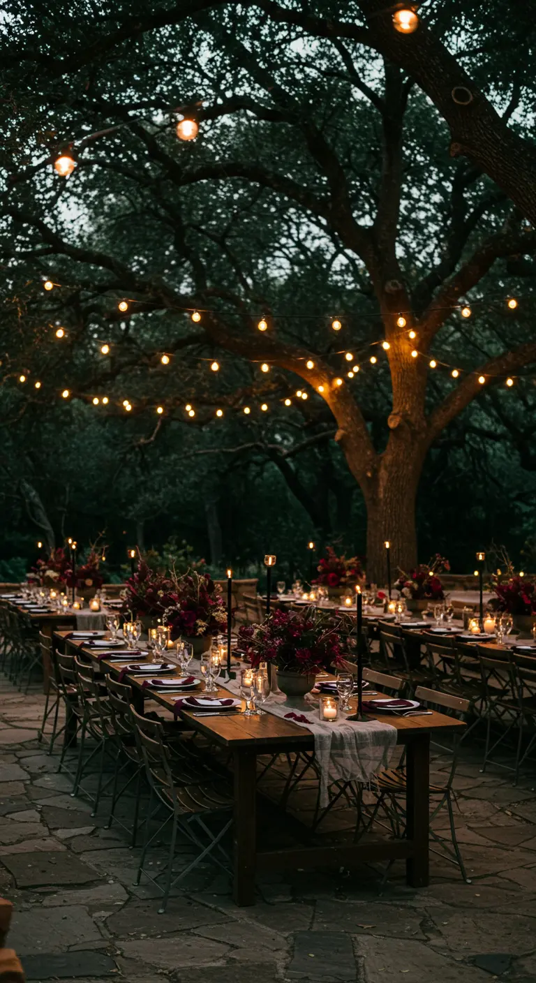 Outdoor wedding reception under a large tree strung with warm globe lights.