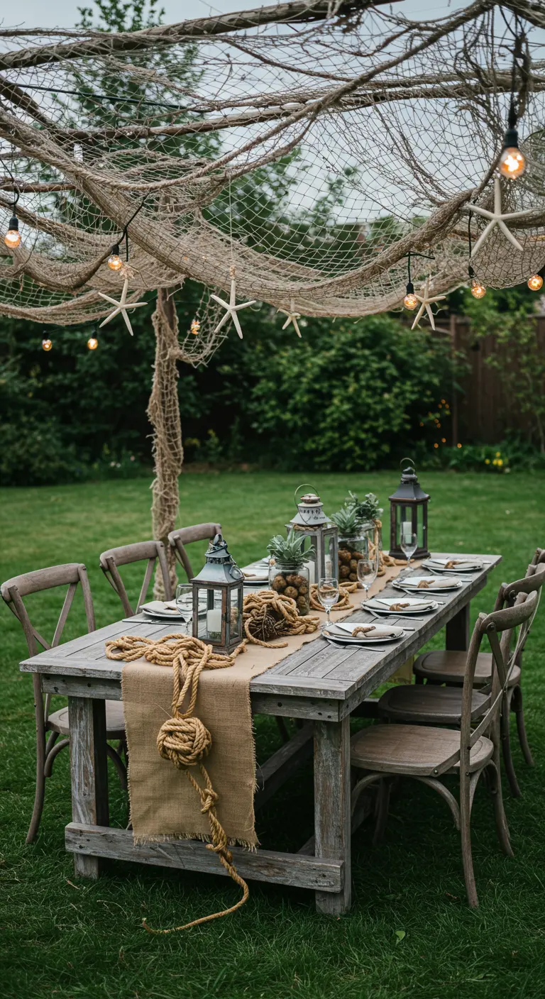 Outdoor table under a fishing net canopy decorated with starfish and lights.