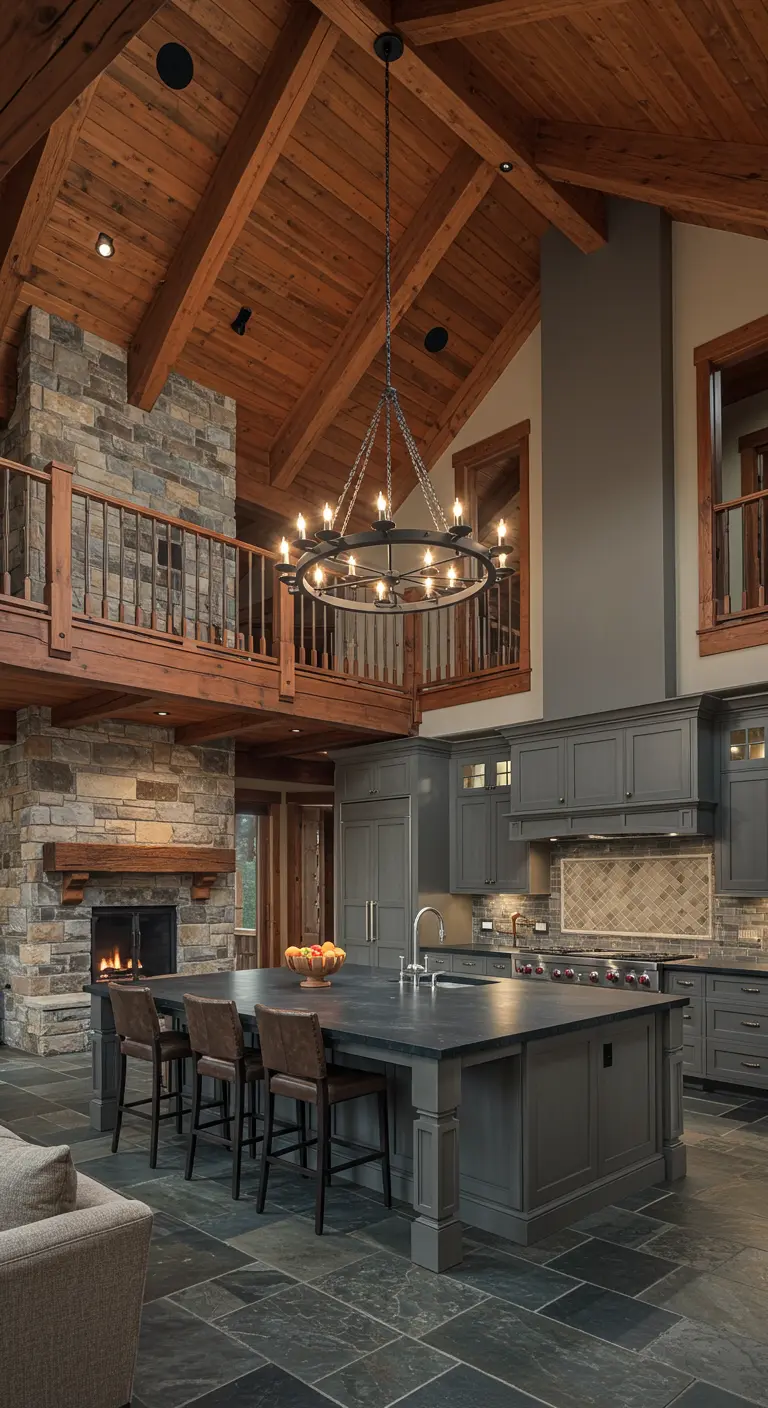 Open-plan rustic living space with a large kitchen, stone fireplace, and loft.