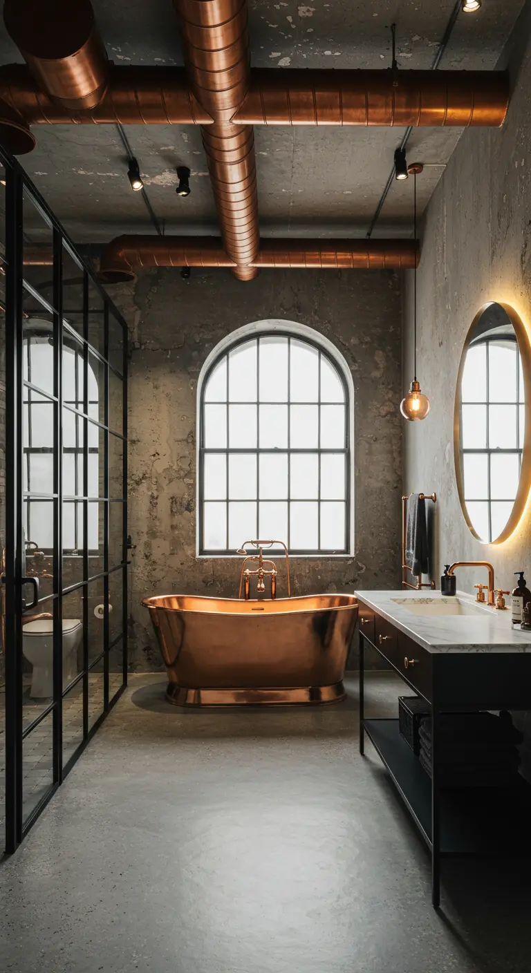 Industrial bathroom with a striking copper bathtub and copper pipes.