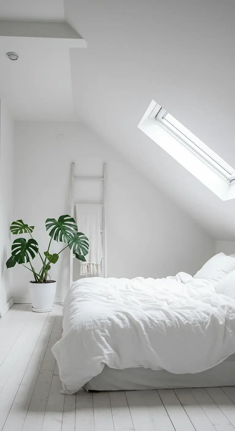 All-white loft bedroom with painted floors and a large potted plant.