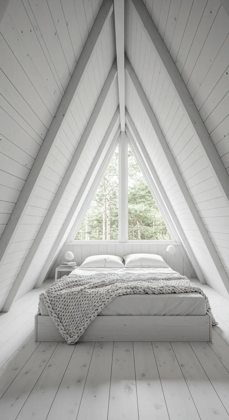 An all-white A-frame bedroom with wood-paneled walls and ceiling.