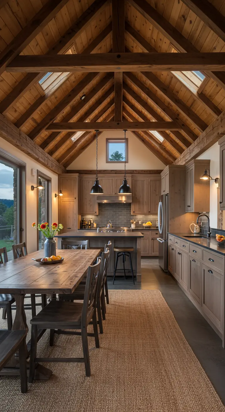Long rustic kitchen and dining area with vaulted wood ceiling and skylights.