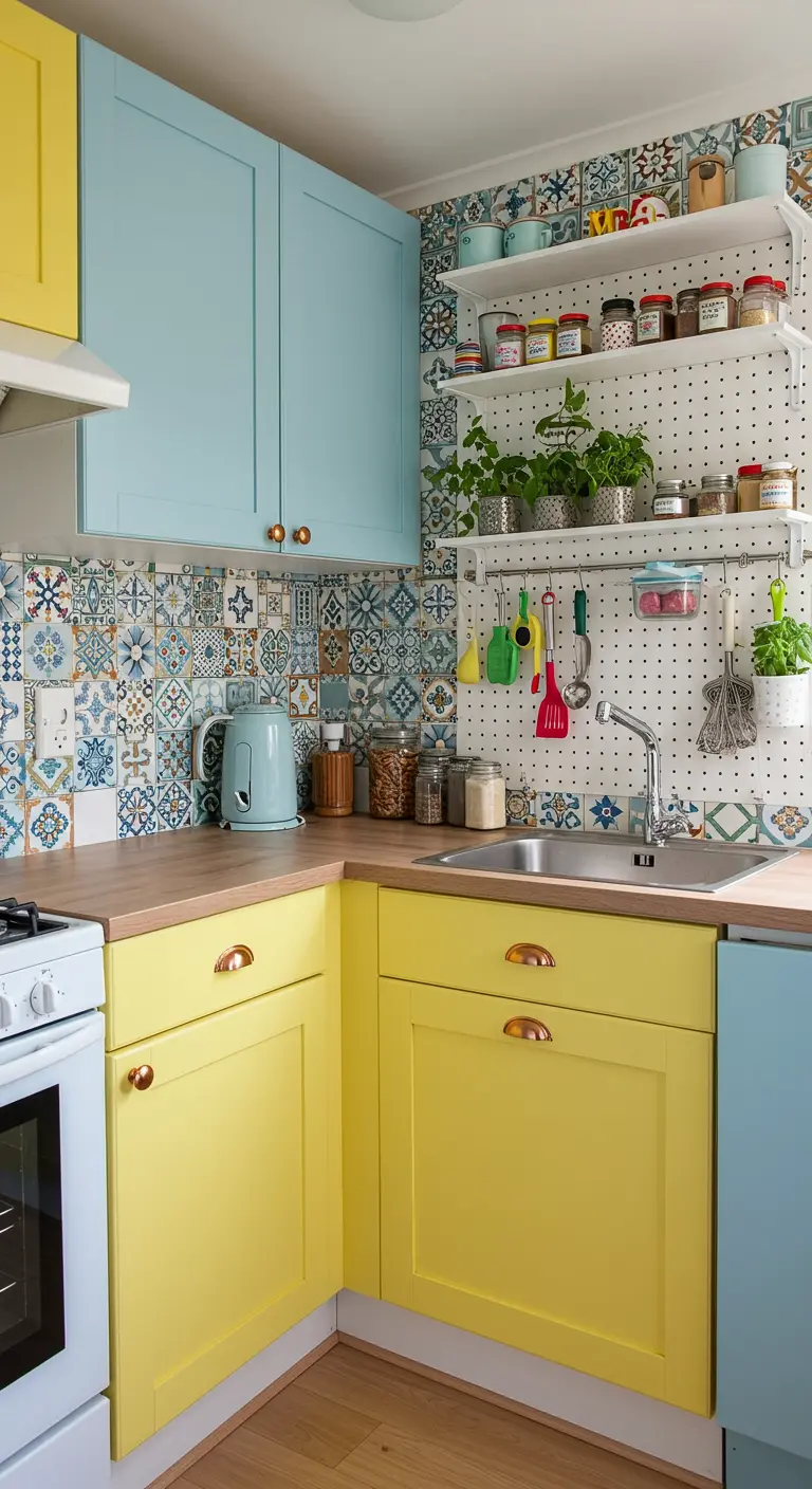 A cheerful, eclectic kitchen with bright blue and yellow cabinets and a patterned tile wall.