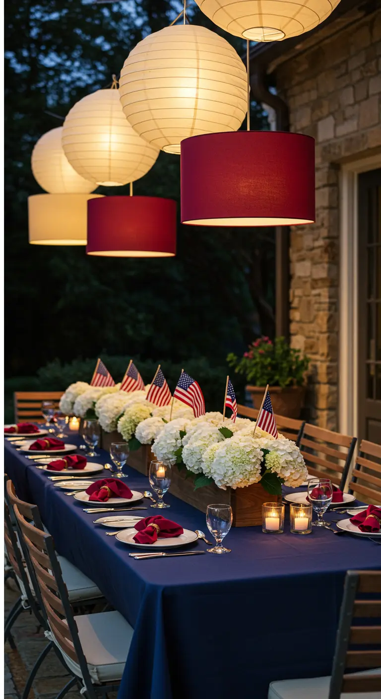 Elegant outdoor dining table with navy cloth, white hydrangeas, and small flags as decor.