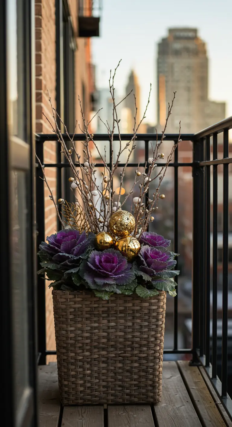 Balcony planter with purple ornamental kale, branches, and gold baubles.