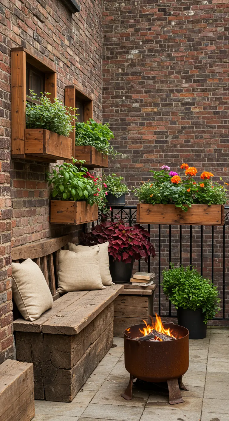 Rustic patio with a reclaimed wood bench, wall planters, and a fire pit against a brick wall.