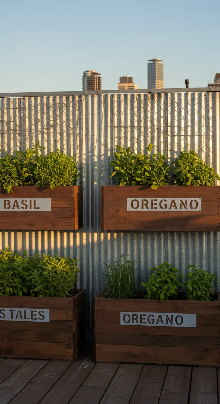 Stained wood planters with white stenciled labels on a corrugated metal fence.