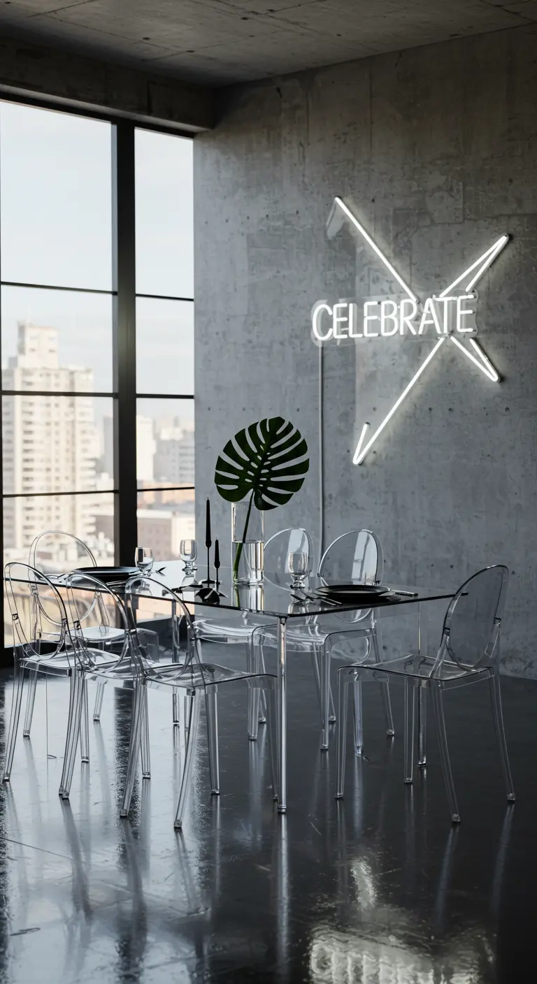 Minimalist dining table with ghost chairs and a white neon sign on a concrete wall.